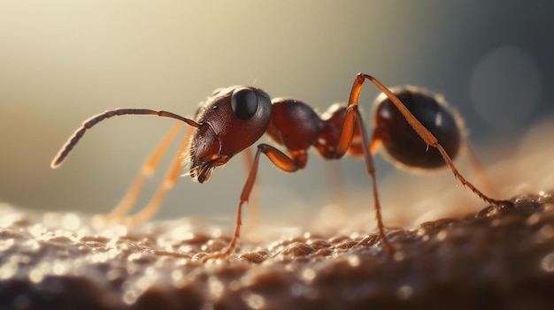 A red ant is on a human skin