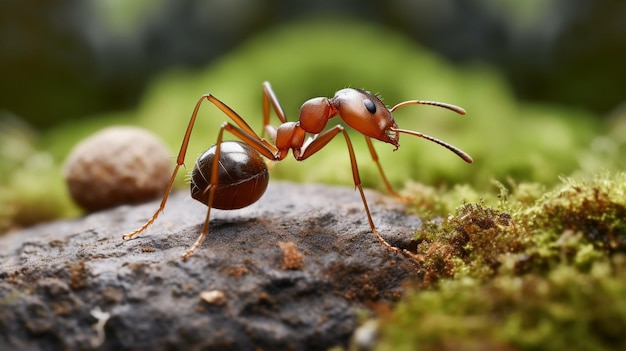 A red ant is on a rock with a green background.