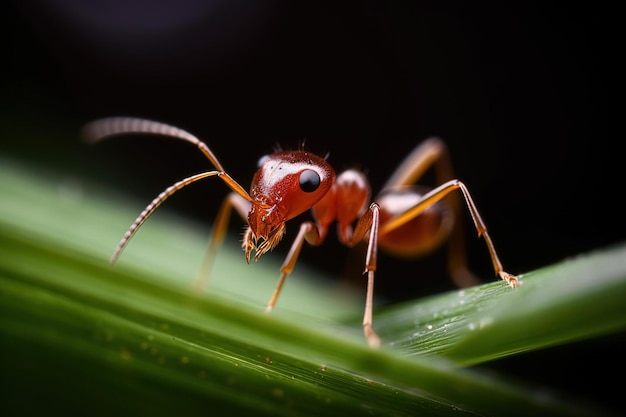 A red ant sits on a blade of grass.