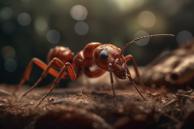 A red ant sits on a piece of wood with a black eye.