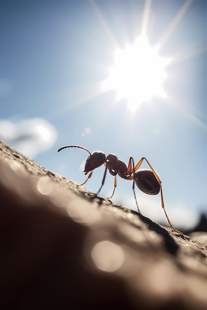 A red ant on a tree trunk with the sun shining on it