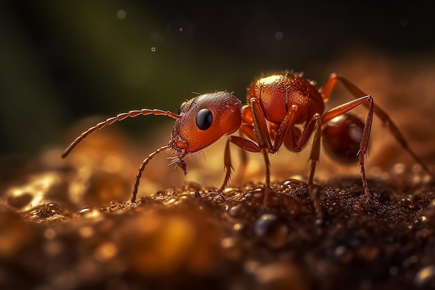 A red ant with blue eyes is sitting on the ground.