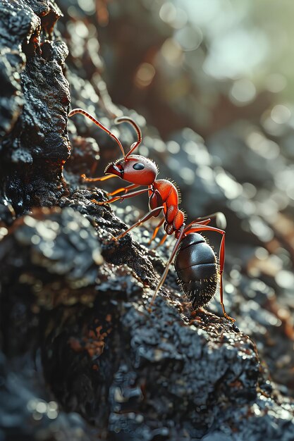 A red ant with yellow antennas walking through dirt and soil