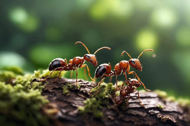 Red ants are looking for food on green branches Work ants are walking on the branches