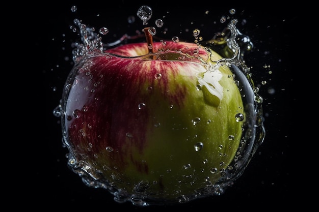Photo red apple on a black background with splash and water drops