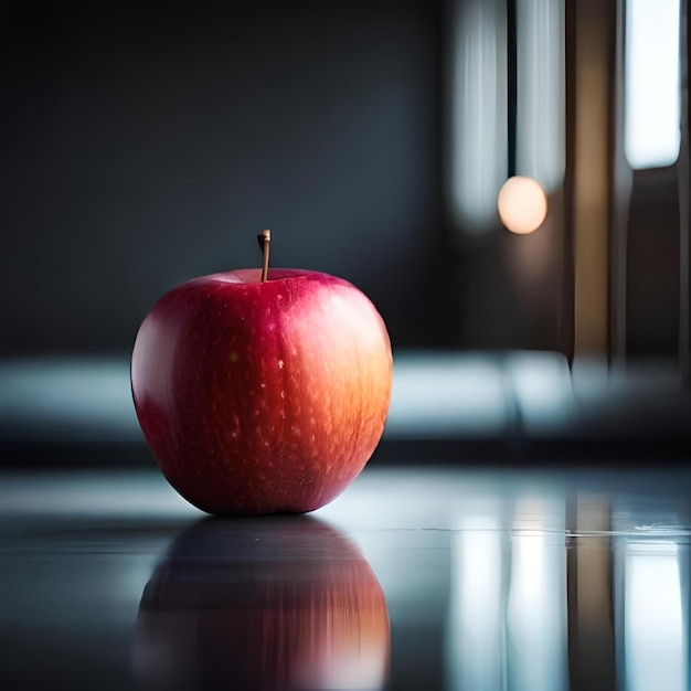 A red apple on a black table with a window in the background