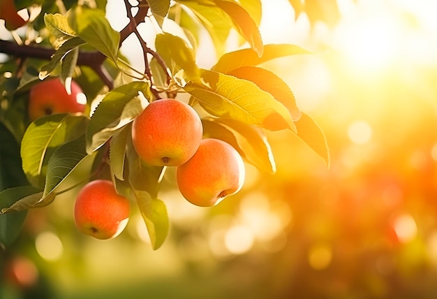 Red apple branch closeup fruit orchard background with copy space ai generated