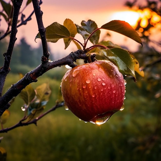 Red apple on a branch in the sun