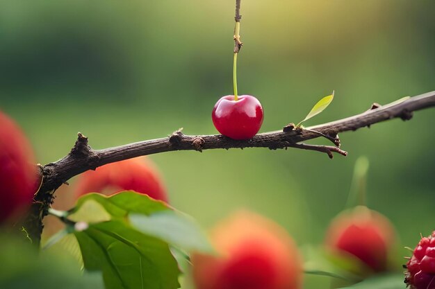 A red apple on a branch with leaves in the background