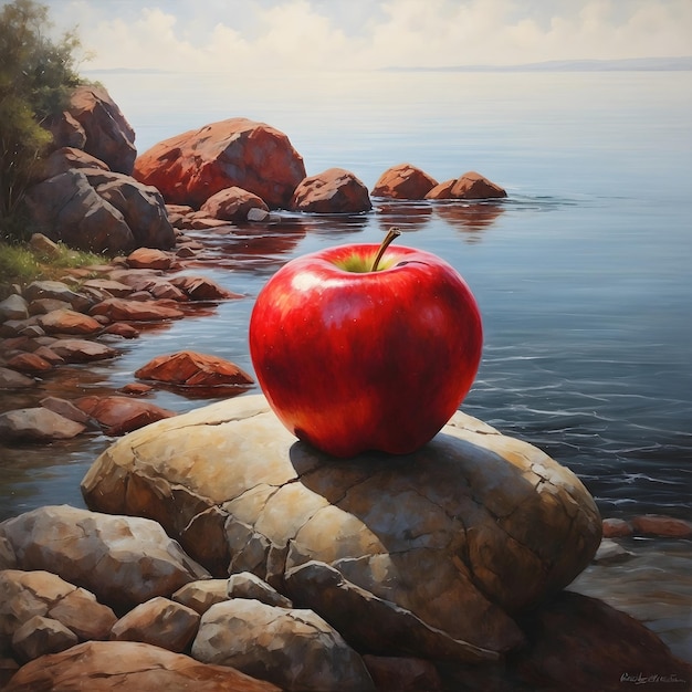 Red Apple by the Water on a Rock