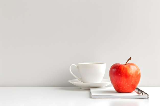 Photo a red apple and a cup of coffee on a table