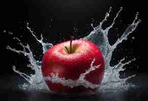 Photo red apple falling dropped from top and creating water splash isolated on black background