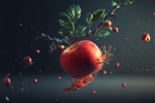 Red apple falling from branch