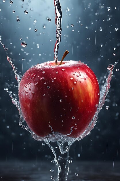 Red Apple Falling in Rain