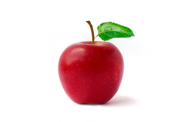 Red apple fruit and leaves isolated on white background.