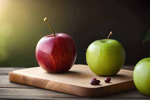 A red apple and a green apple on a cutting board