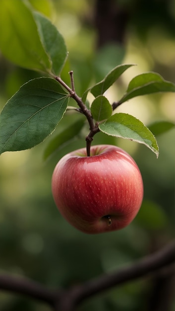 リンゴの付いた木からぶら下がっている赤いリンゴ