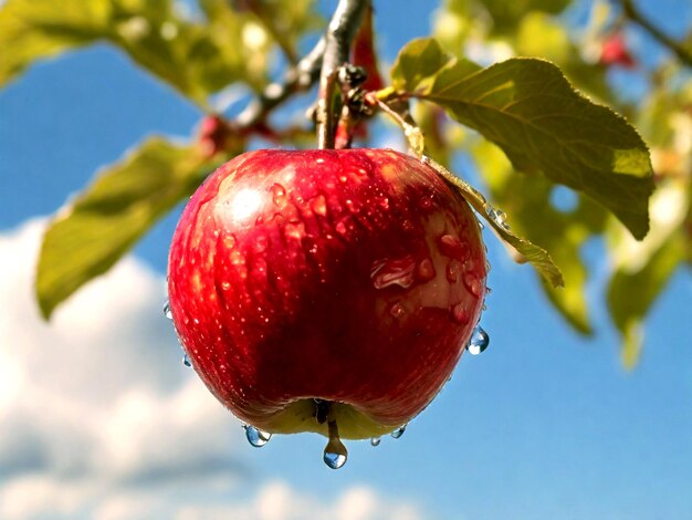 a red apple has water drops on it