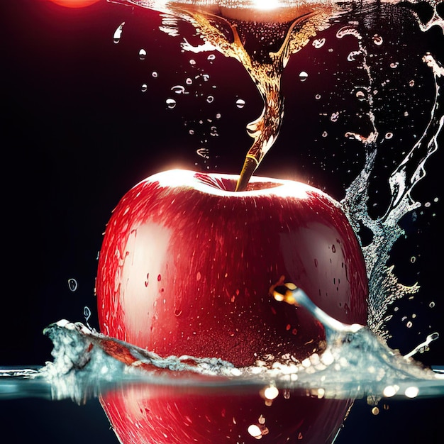 A red apple is being dropped into a water splash.