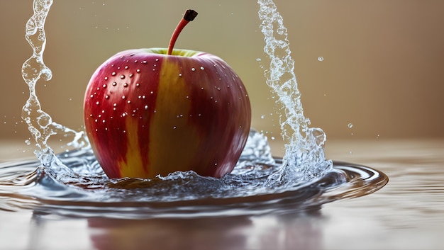 A red apple is being washed in a sink with water splashing around it.