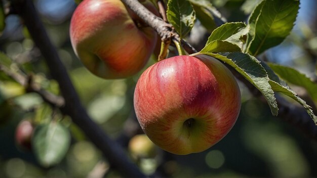 a red apple is growing on a tree branch