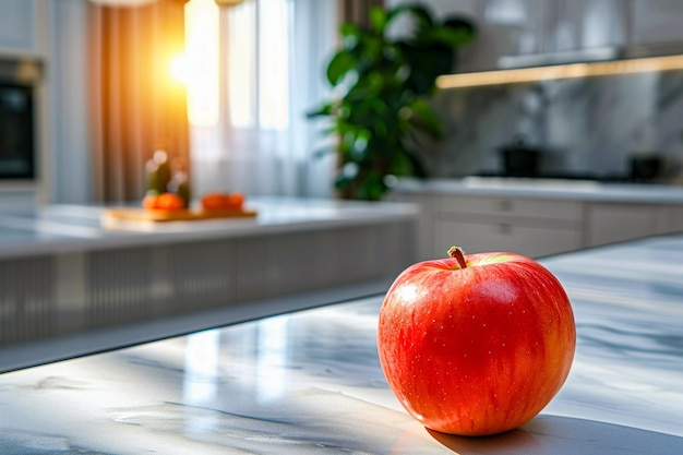 Red apple is placed on table in kitchen with sunlight streaming through window