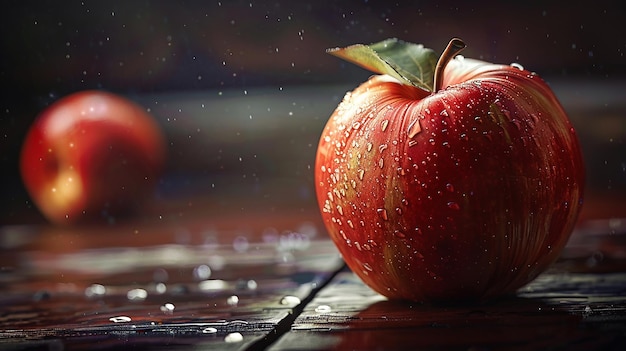 a red apple is on a table with drops of water