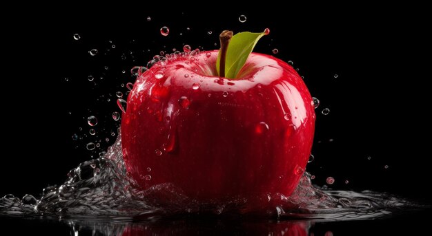 red apple is taken into the water with water splashing off