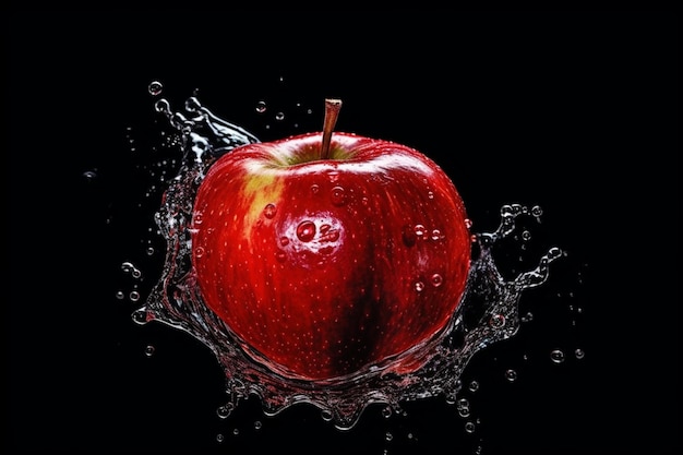 A red apple is in a water splash with the word apple on it.