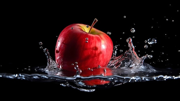 A red apple is in a water splash.