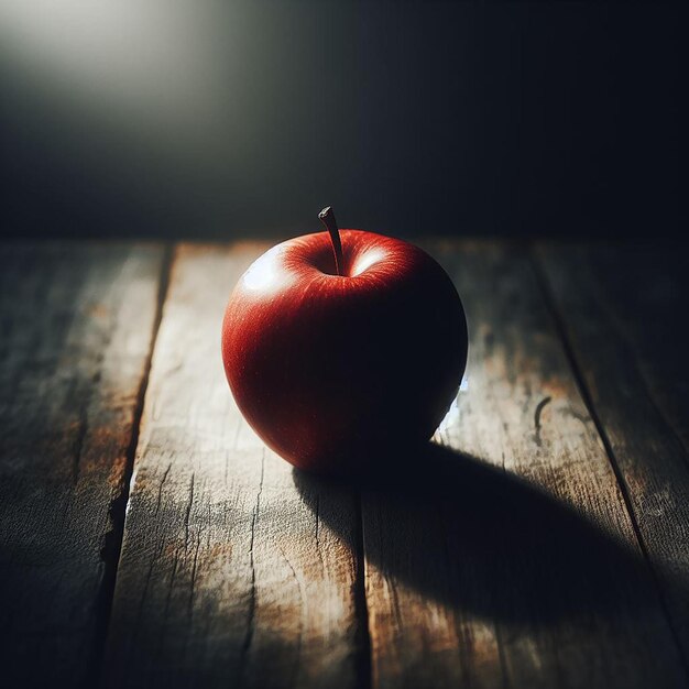 Photo a red apple is on a wooden table with a dark background