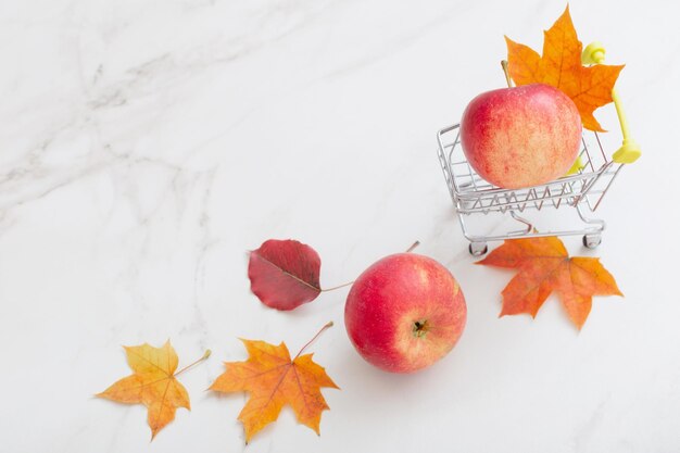 Red apple in little grocery trolley and maple leaves on white marble background