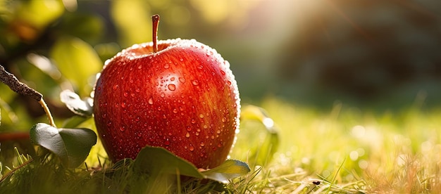 Red apple on lush green field