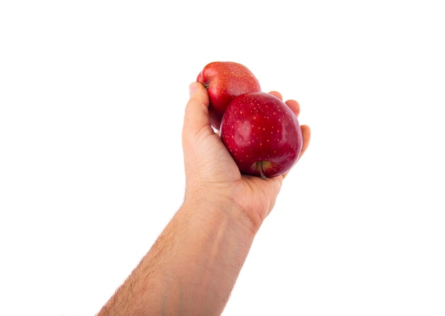 Red apple in man hands isolated on white background