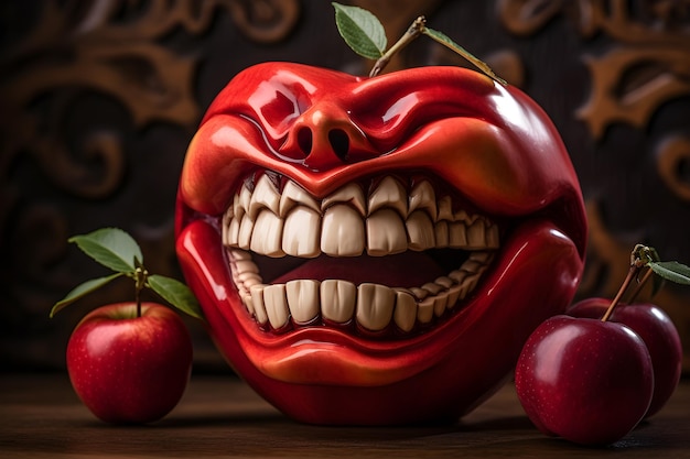 Red apple monster face isolated on dark background