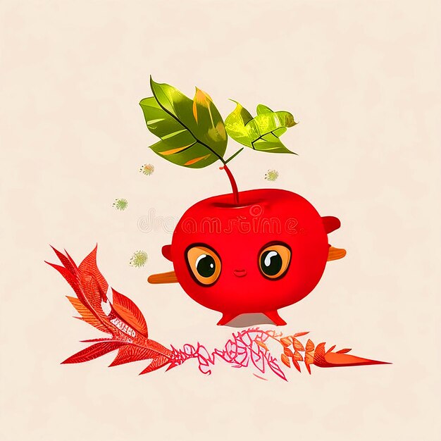 Red apple shaped cartoon thoughtful character with white background and various poses illustration