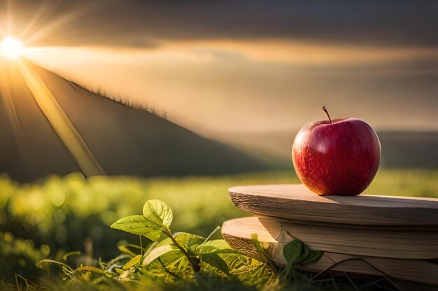 a red apple sits on a book with a sunset in the background.