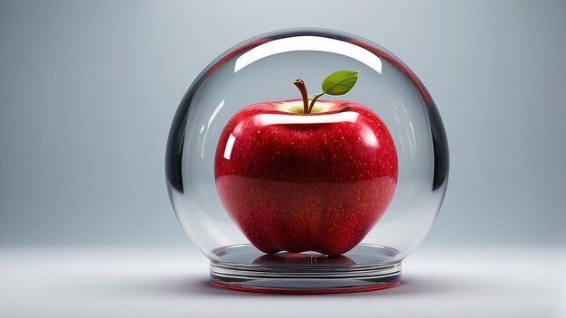 A red apple sits on a pedestal encased in a glass dome Several other apples sit in front of the pe