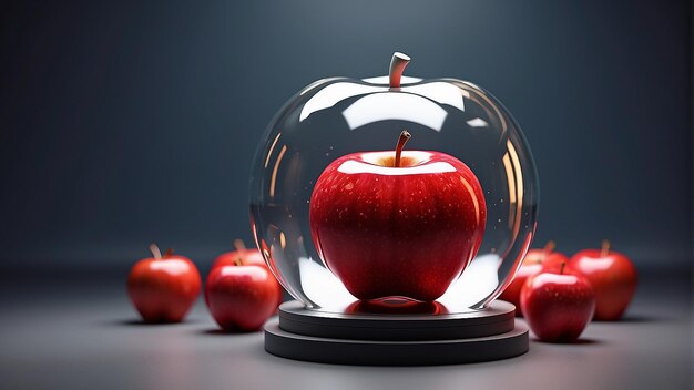 A red apple sits on a pedestal encased in a glass dome Several other apples sit in front of the pe