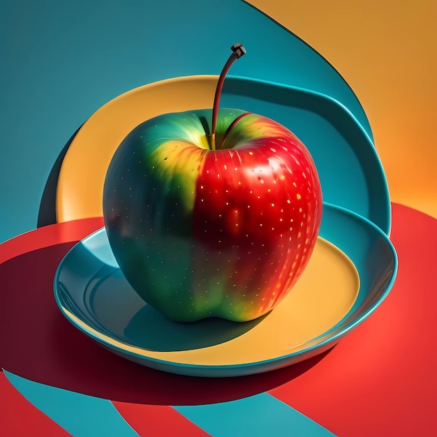 A red apple sits on a plate with a colorful background.