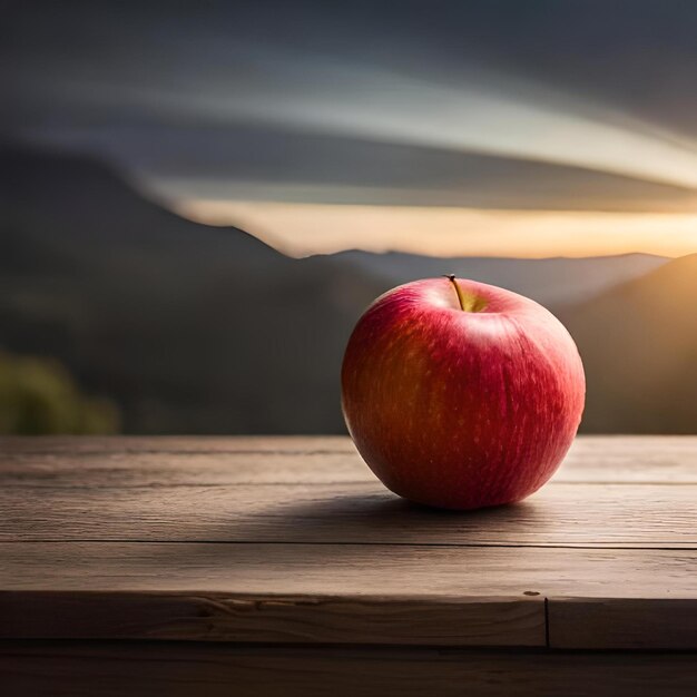 Photo a red apple sits on a table with the sun setting behind it.