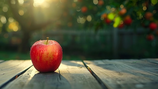 Photo red apple sits on a wooden table with a blurred background of a colorful autumnal forest