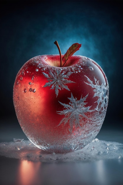 Red apple sitting on top of snow covered ground generative ai