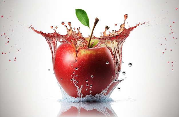 Red apple in a splash of water Explosion of clear liquid and droplets on white background AI generated