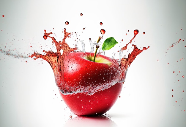 Red apple in a splash of water Explosion of clear liquid and droplets on white background AI generated