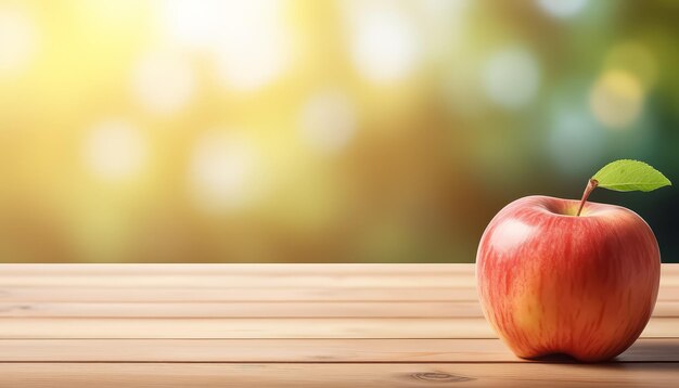 Красное яблоко на столе на фоне сада летом