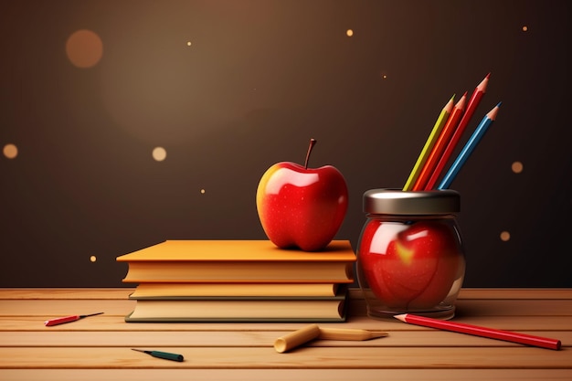 A red apple on a table with books and pencils