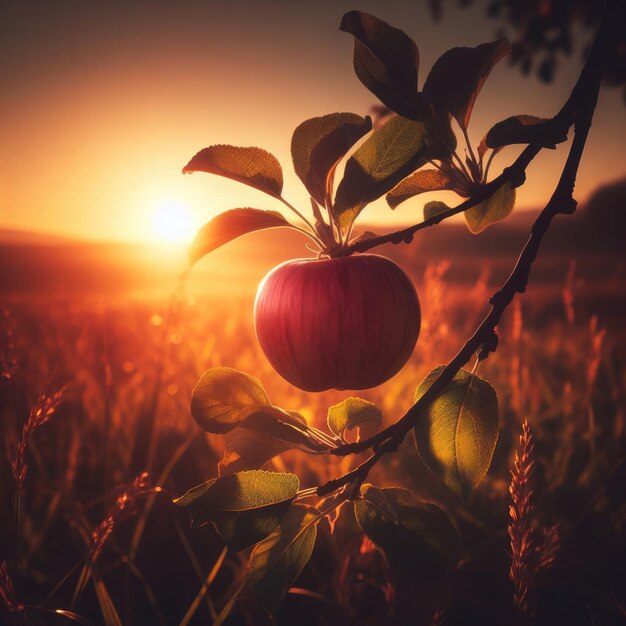 red apple on tree sunset in the field background