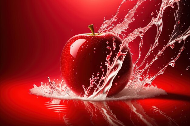 Red apple in water with splashes of water on the bottom