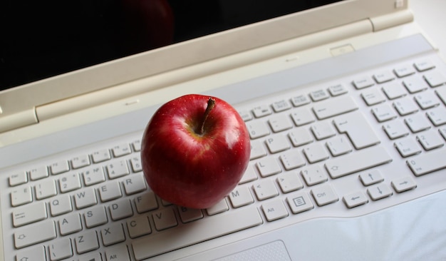 Photo red apple on a white computer keyboard with latin characters only stock photo